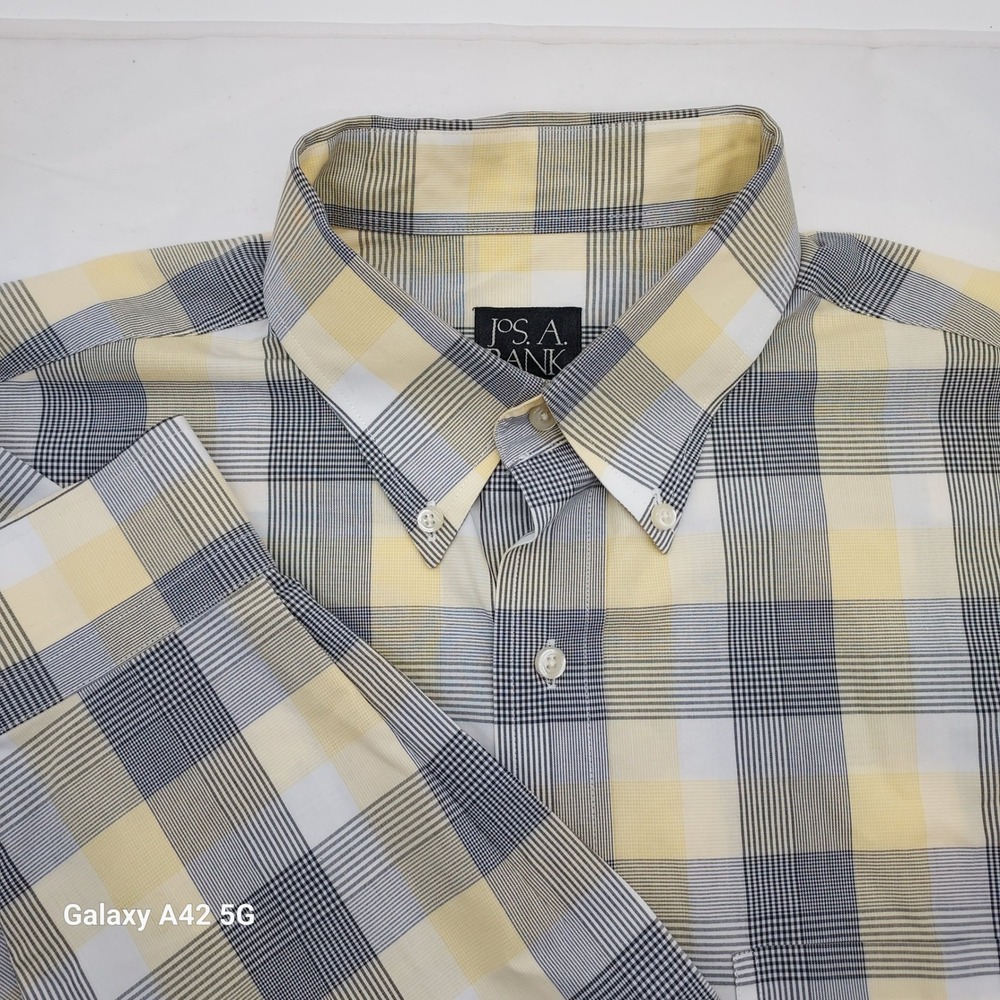 Jos. A. Bank Traveler's Collection Mens Large Yellow Blue Plaid Button Down